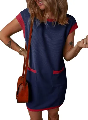 Dokotoo Women's Casual Summer Dresses Fashion Cap Sleeve Color Block Crewneck Shift Tshirt Mini Dress