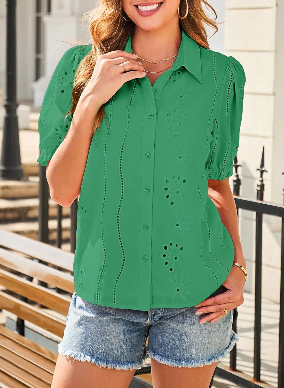 Dokotoo Women's Summer Tops Dressy Casual V Neck Short Sleeve Button Up Hollow Out Eyelet Lace Embroidered Blouses Shirts