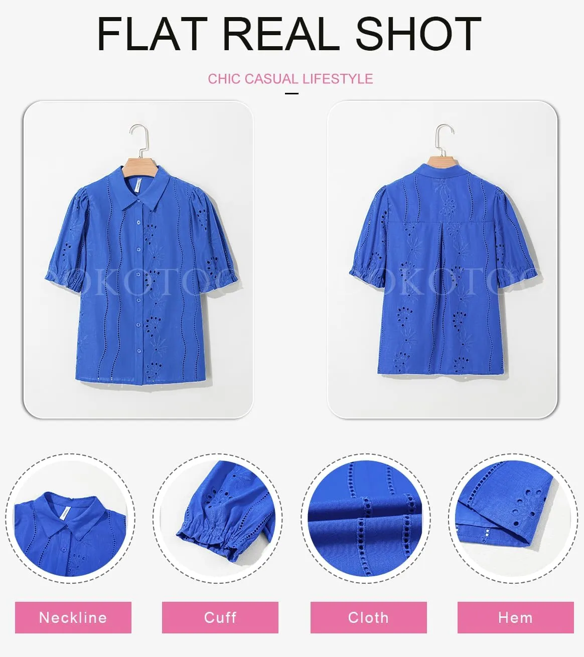 Dokotoo Women's Summer Tops Dressy Casual V Neck Short Sleeve Button Up Hollow Out Eyelet Lace Embroidered Blouses Shirts