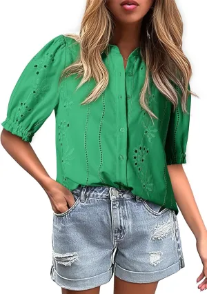 Dokotoo Women's Summer Tops Dressy Casual V Neck Short Sleeve Button Up Hollow Out Eyelet Lace Embroidered Blouses Shirts