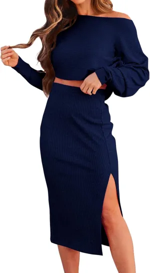 dowerme Women's 2 Piece Outfits 2025 Spring Long Sleeve Boat Neck Tops High Slit Bodycon Midi Ribbed Knit Skirt Sets