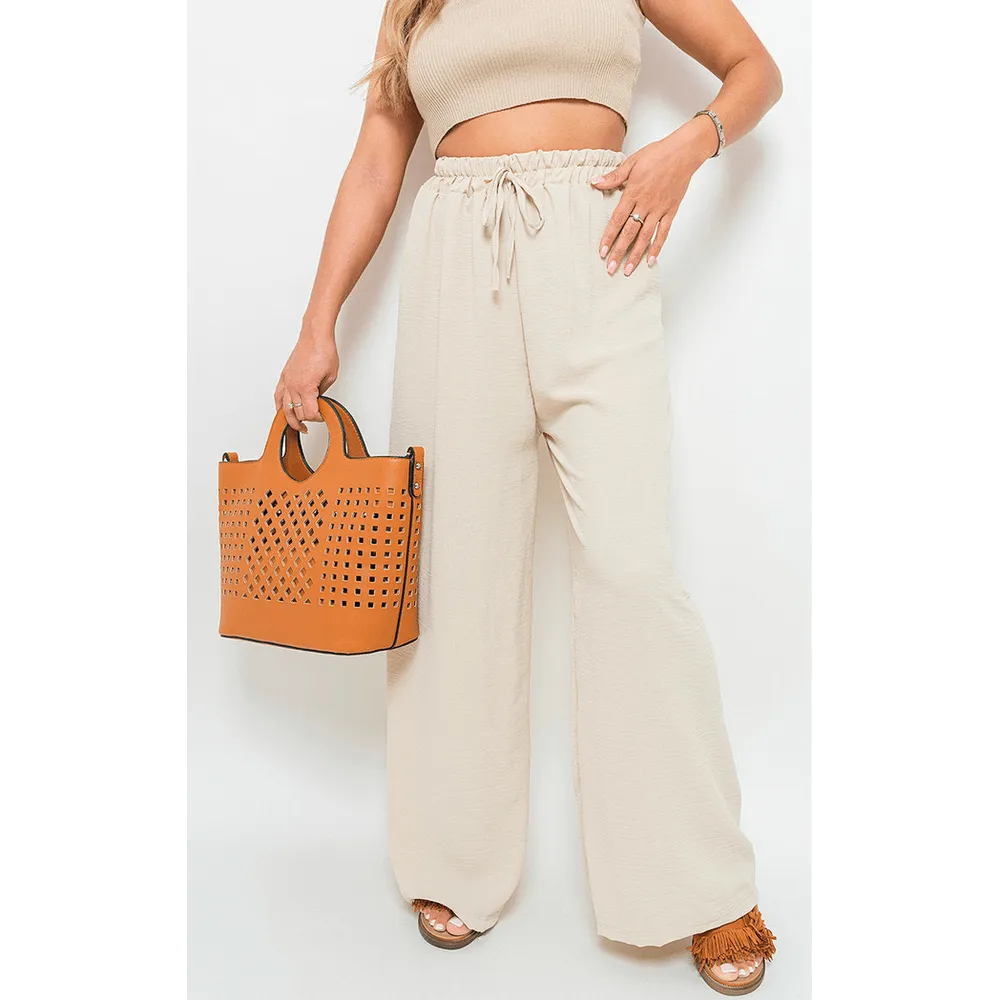 Drawstring Gathered Waist Wide Leg Trouser