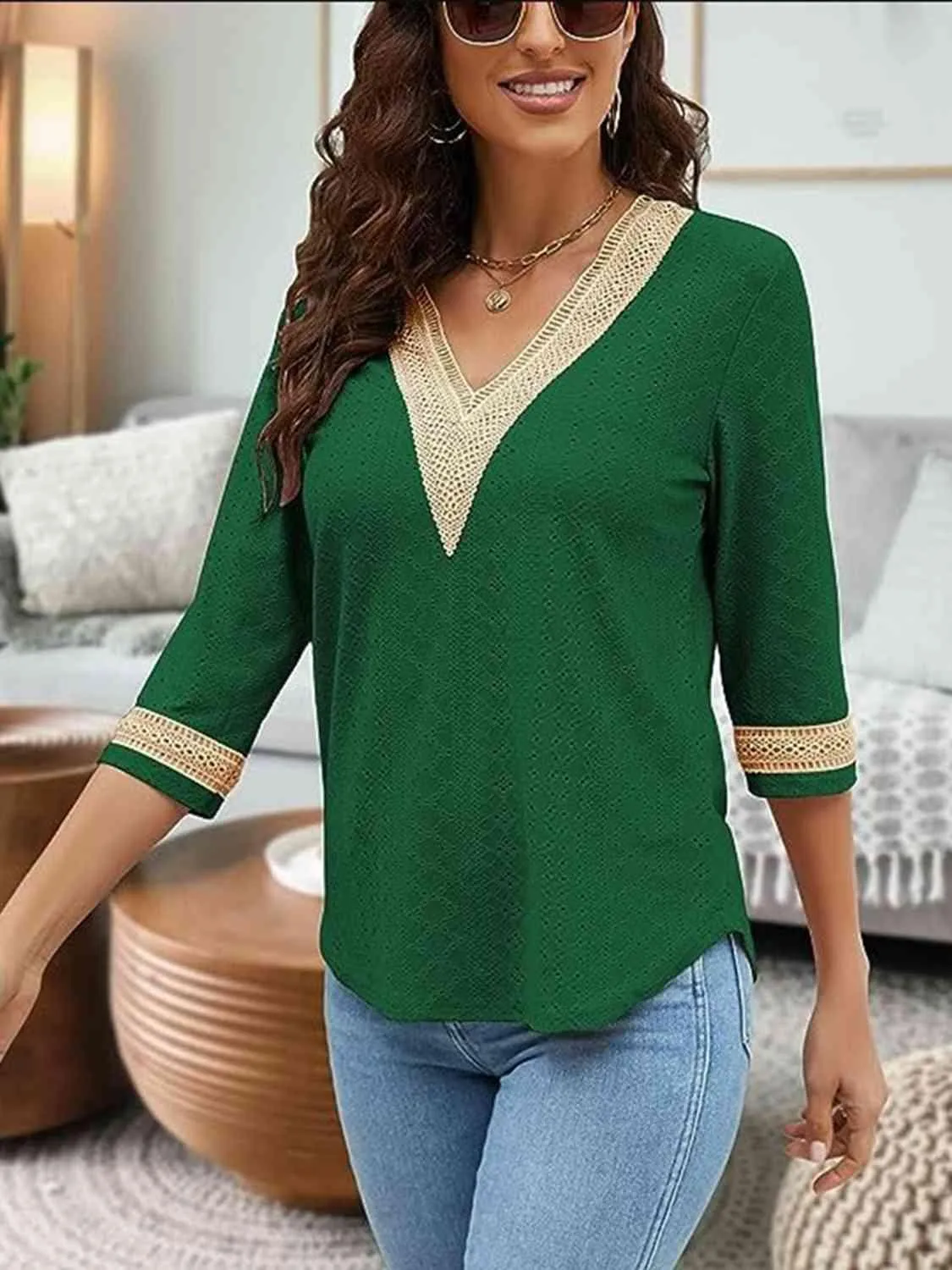 Easy Chic V-Neck Three Quarter Sleeve Blouse
