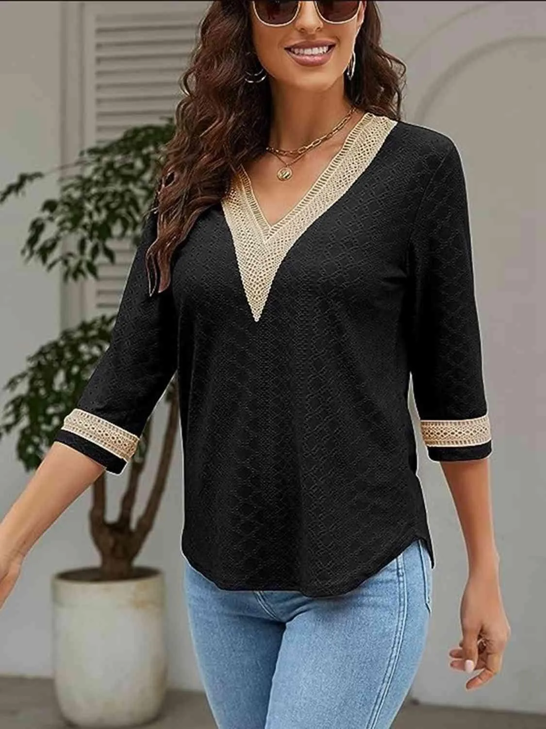Easy Chic V-Neck Three Quarter Sleeve Blouse