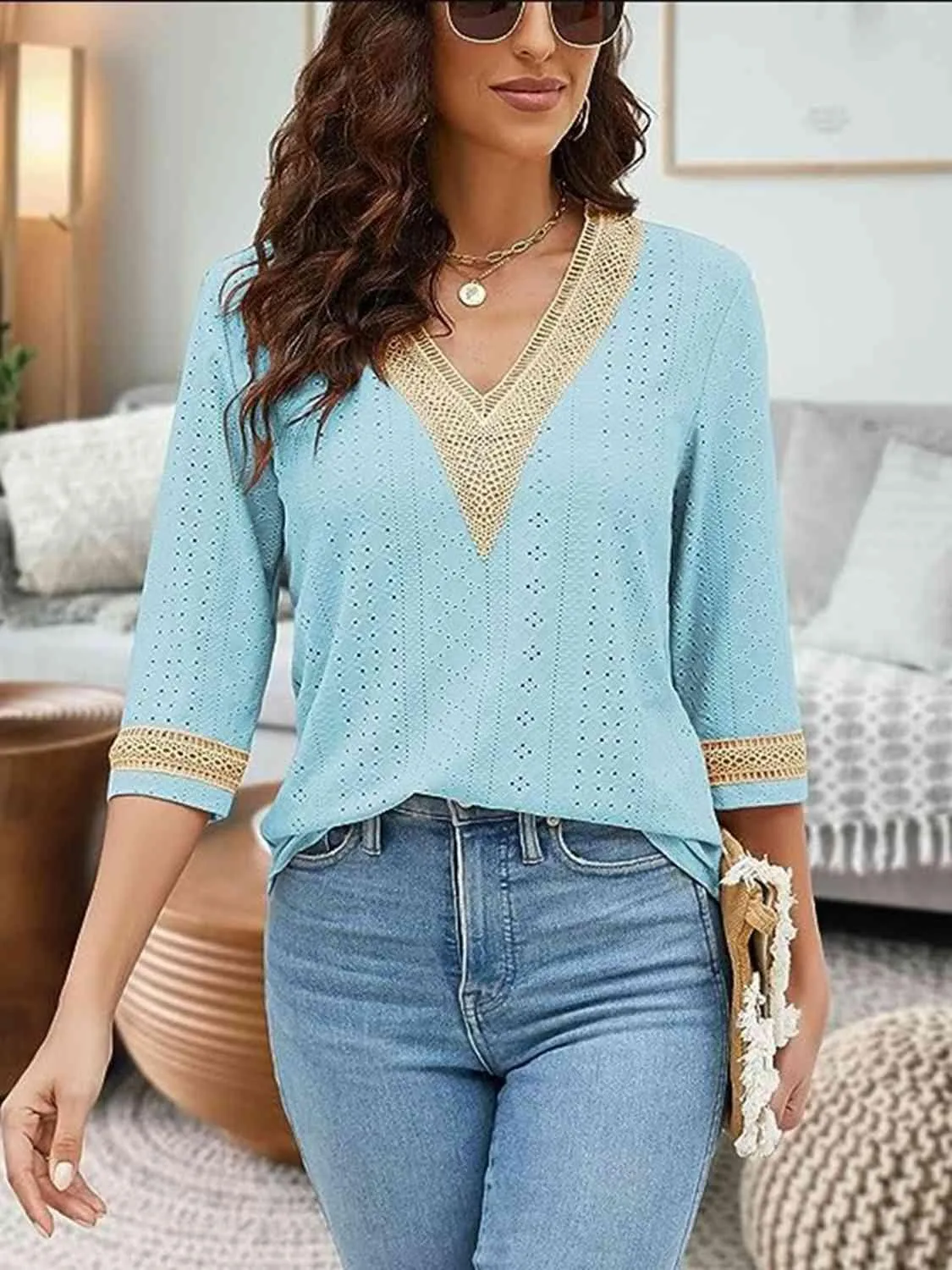 Easy Chic V-Neck Three Quarter Sleeve Blouse