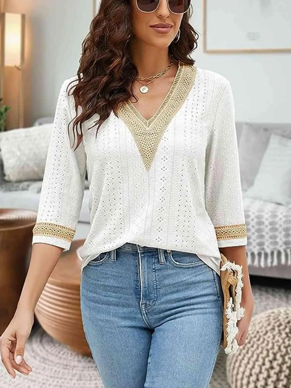 Easy Chic V-Neck Three Quarter Sleeve Blouse