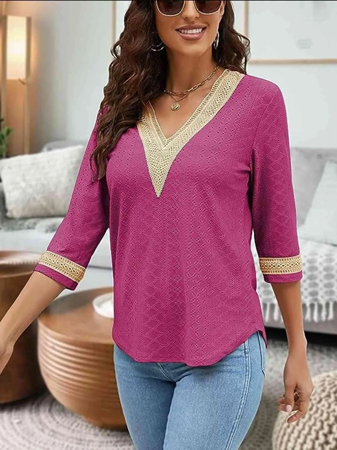 Easy Chic V-Neck Three Quarter Sleeve Blouse