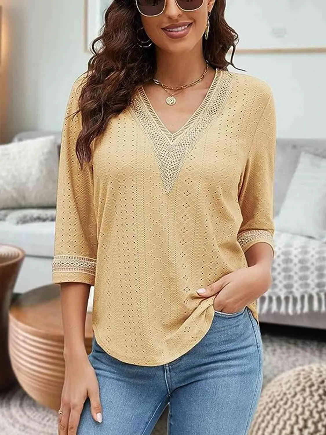 Easy Chic V-Neck Three Quarter Sleeve Blouse