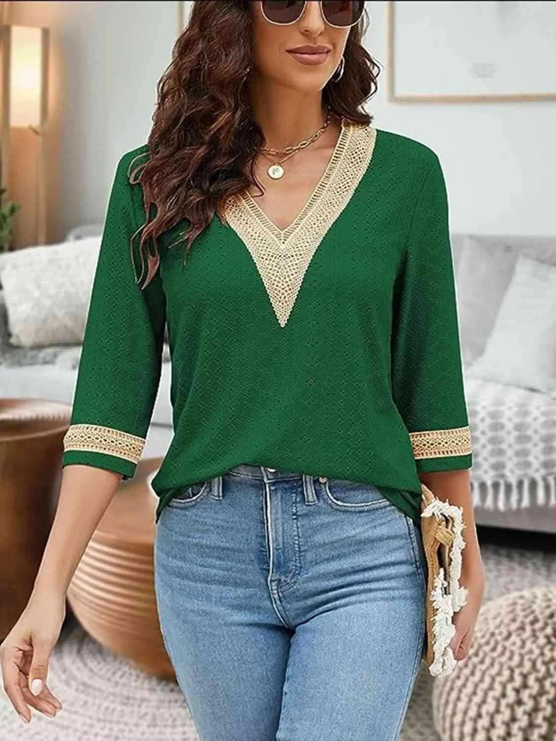 Easy Chic V-Neck Three Quarter Sleeve Blouse