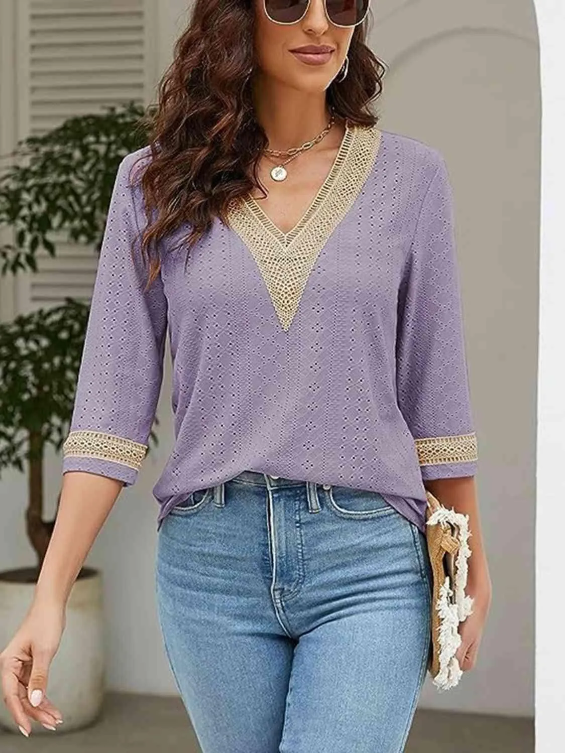 Easy Chic V-Neck Three Quarter Sleeve Blouse