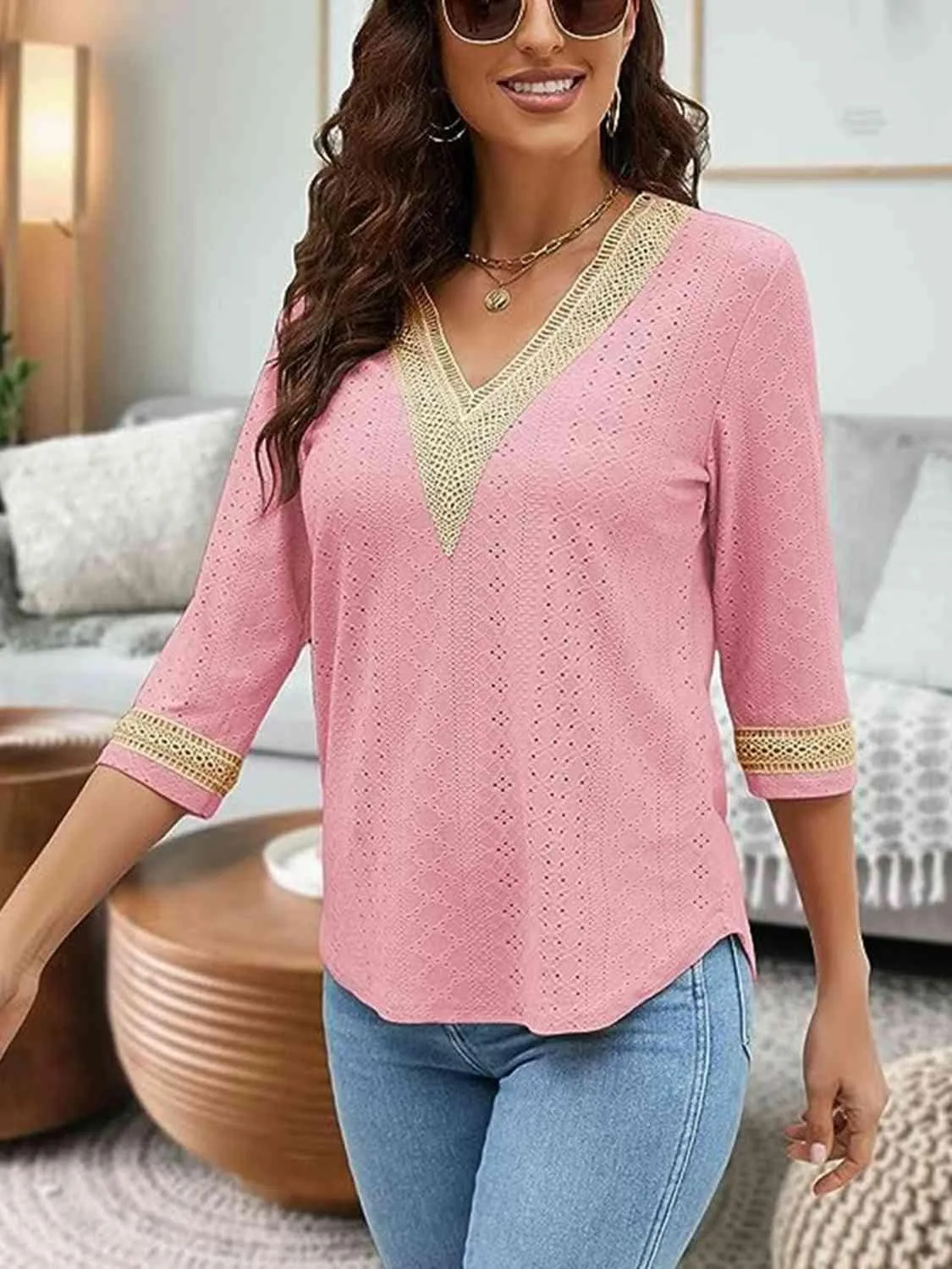 Easy Chic V-Neck Three Quarter Sleeve Blouse