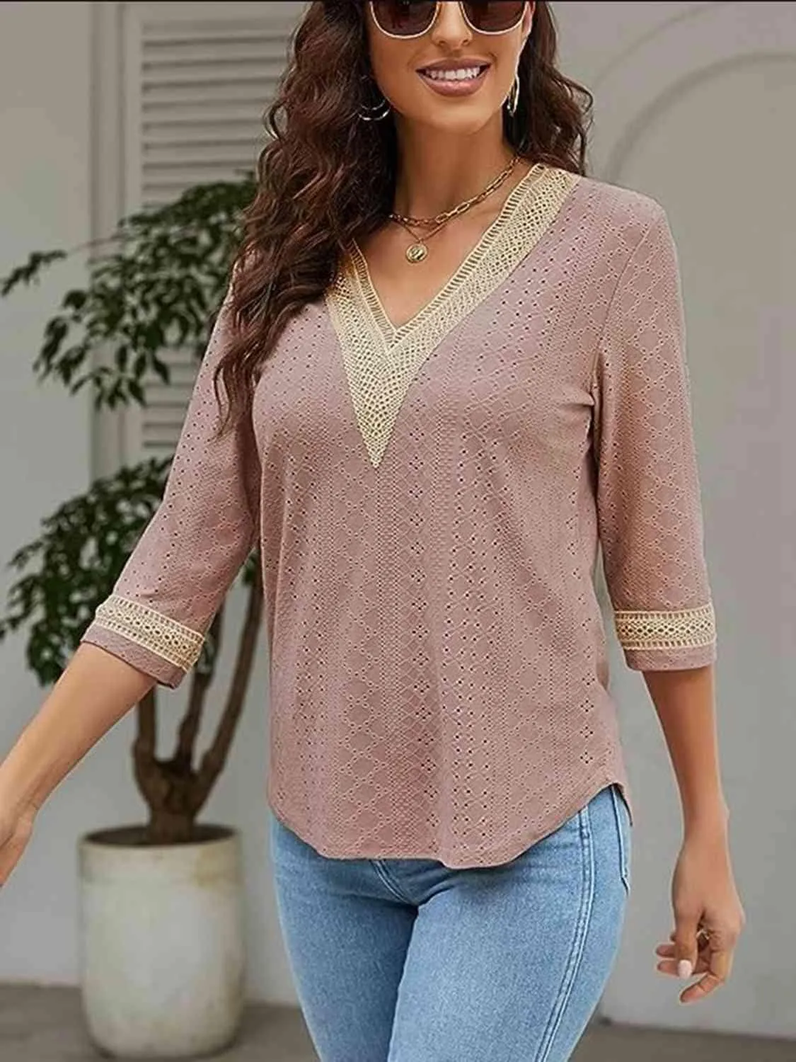 Easy Chic V-Neck Three Quarter Sleeve Blouse