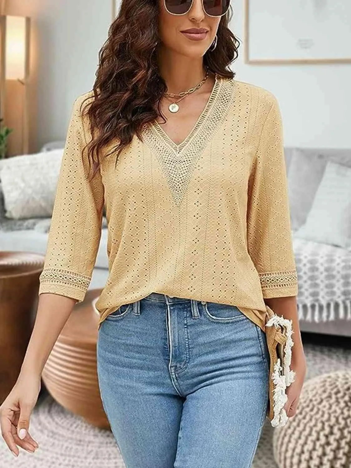 Easy Chic V-Neck Three Quarter Sleeve Blouse