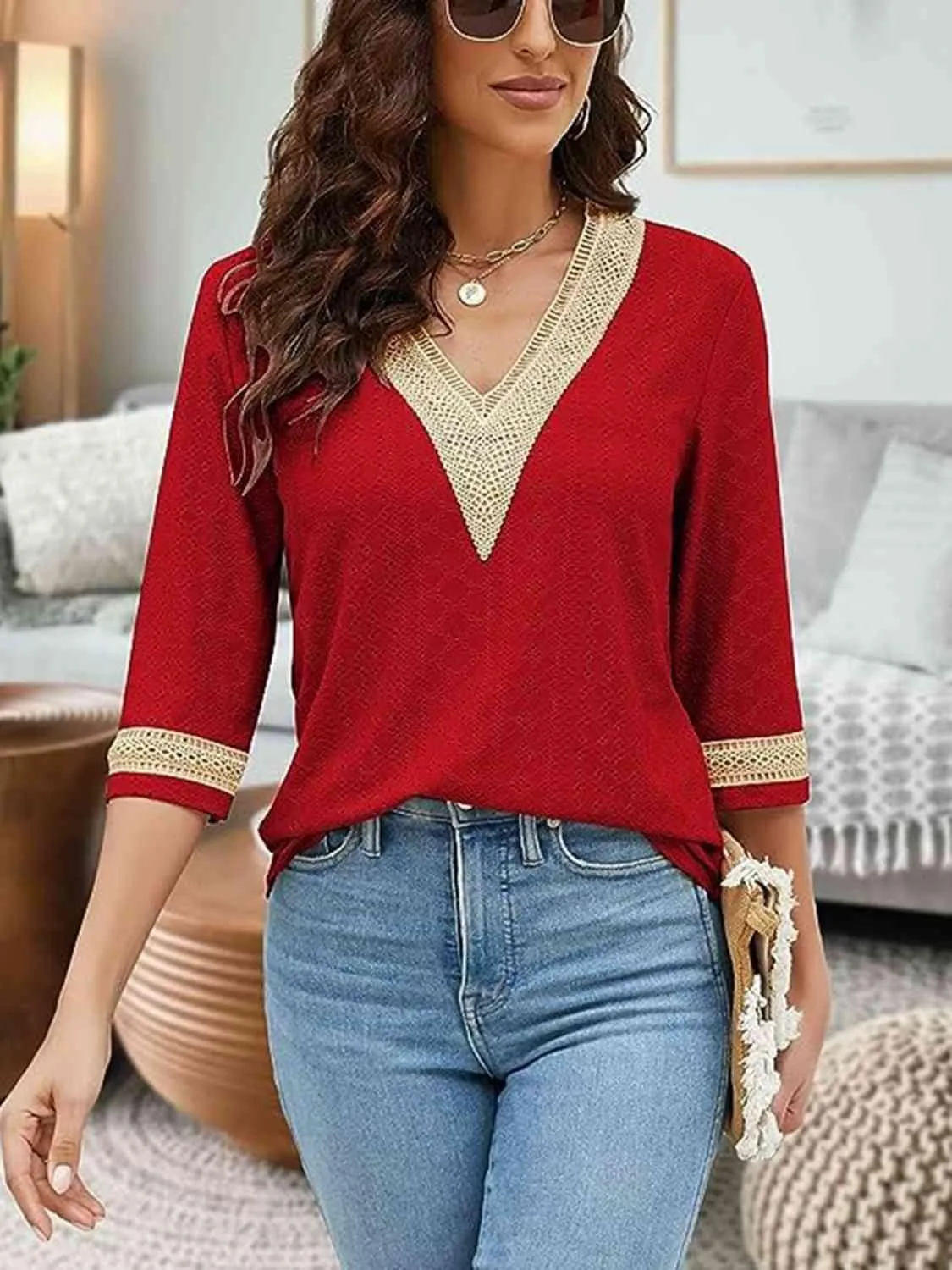 Easy Chic V-Neck Three Quarter Sleeve Blouse