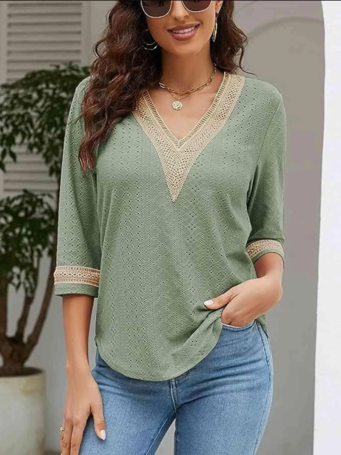 Easy Chic V-Neck Three Quarter Sleeve Blouse