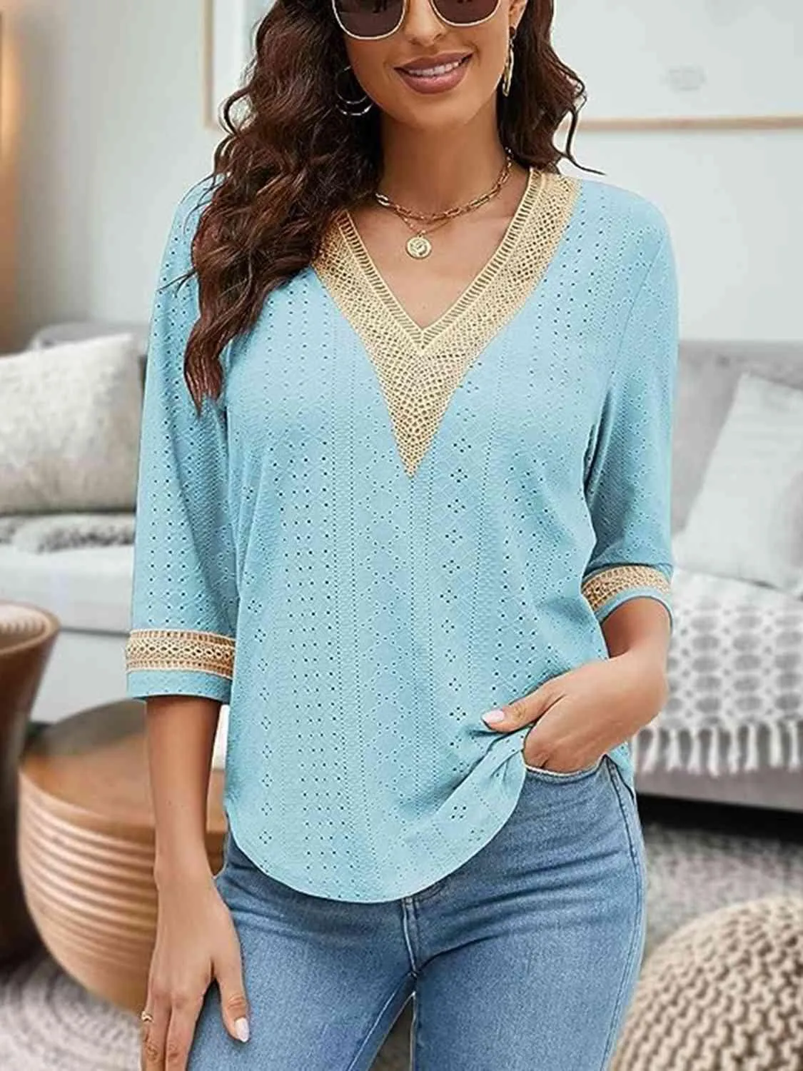 Easy Chic V-Neck Three Quarter Sleeve Blouse