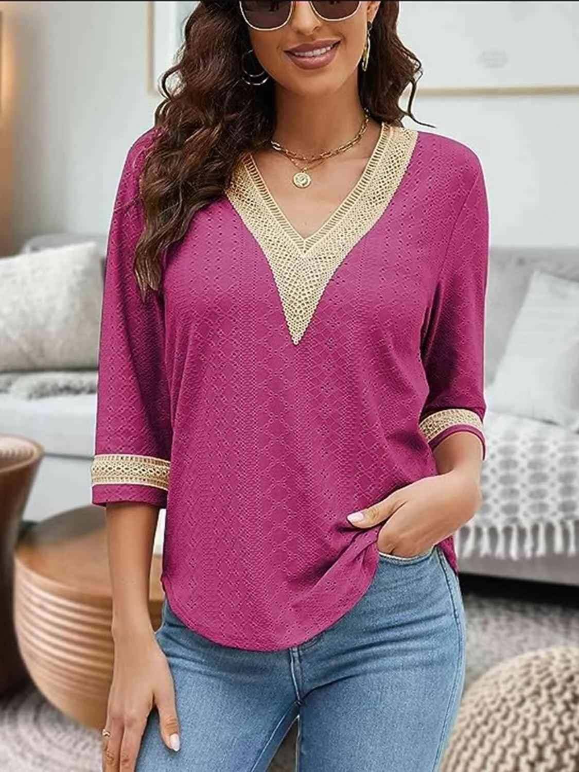 Easy Chic V-Neck Three Quarter Sleeve Blouse