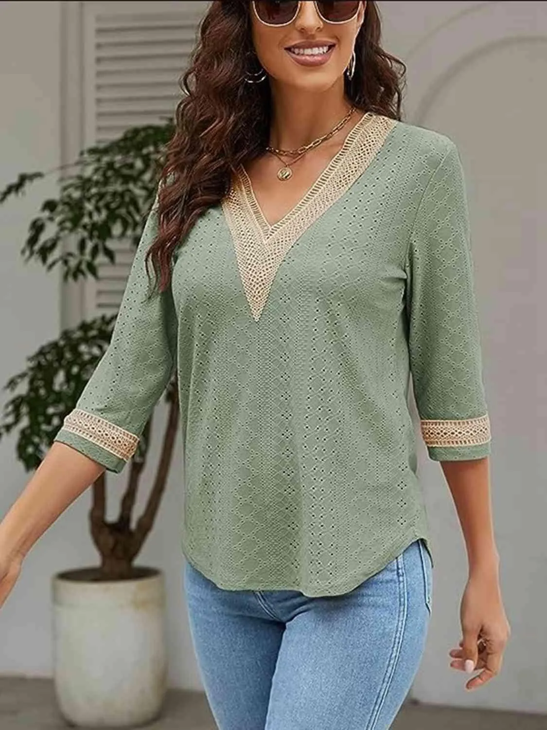 Easy Chic V-Neck Three Quarter Sleeve Blouse