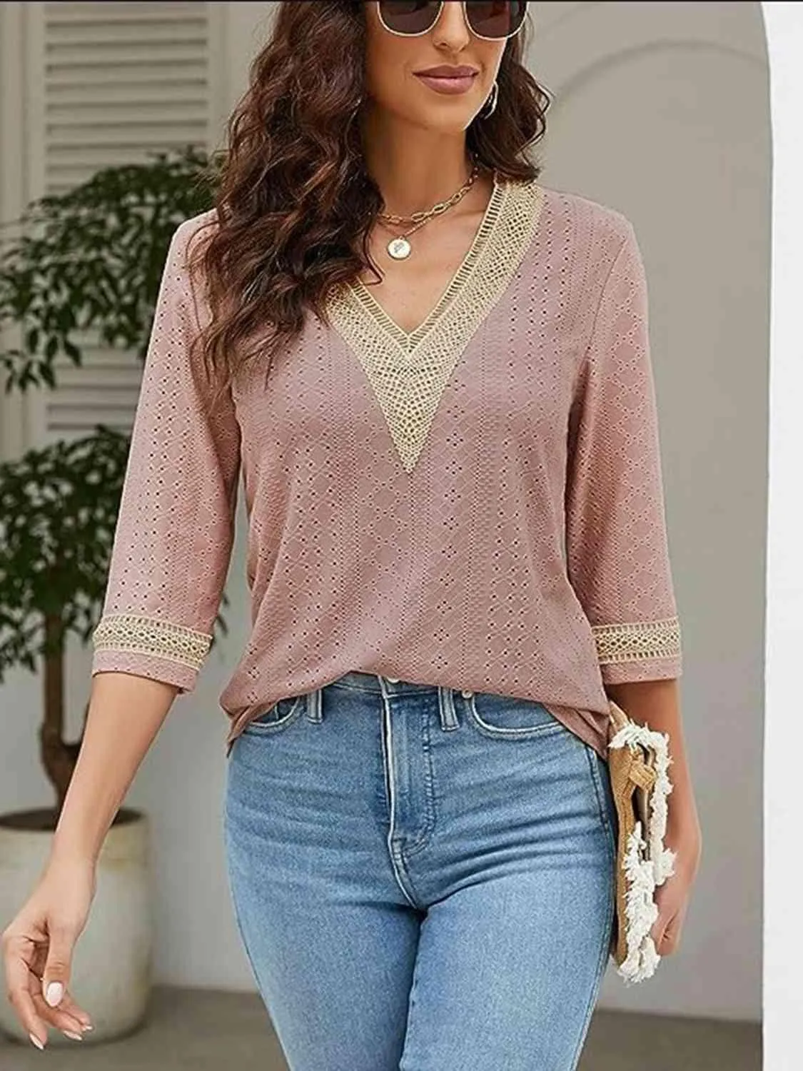 Easy Chic V-Neck Three Quarter Sleeve Blouse