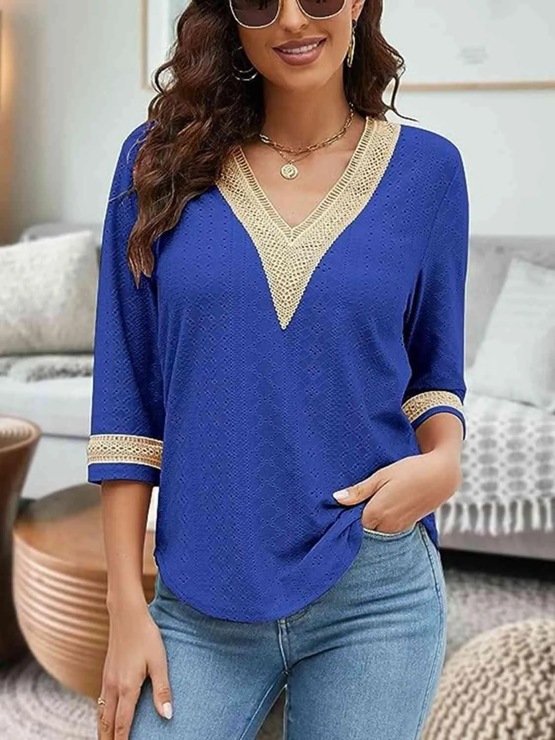 Easy Chic V-Neck Three Quarter Sleeve Blouse