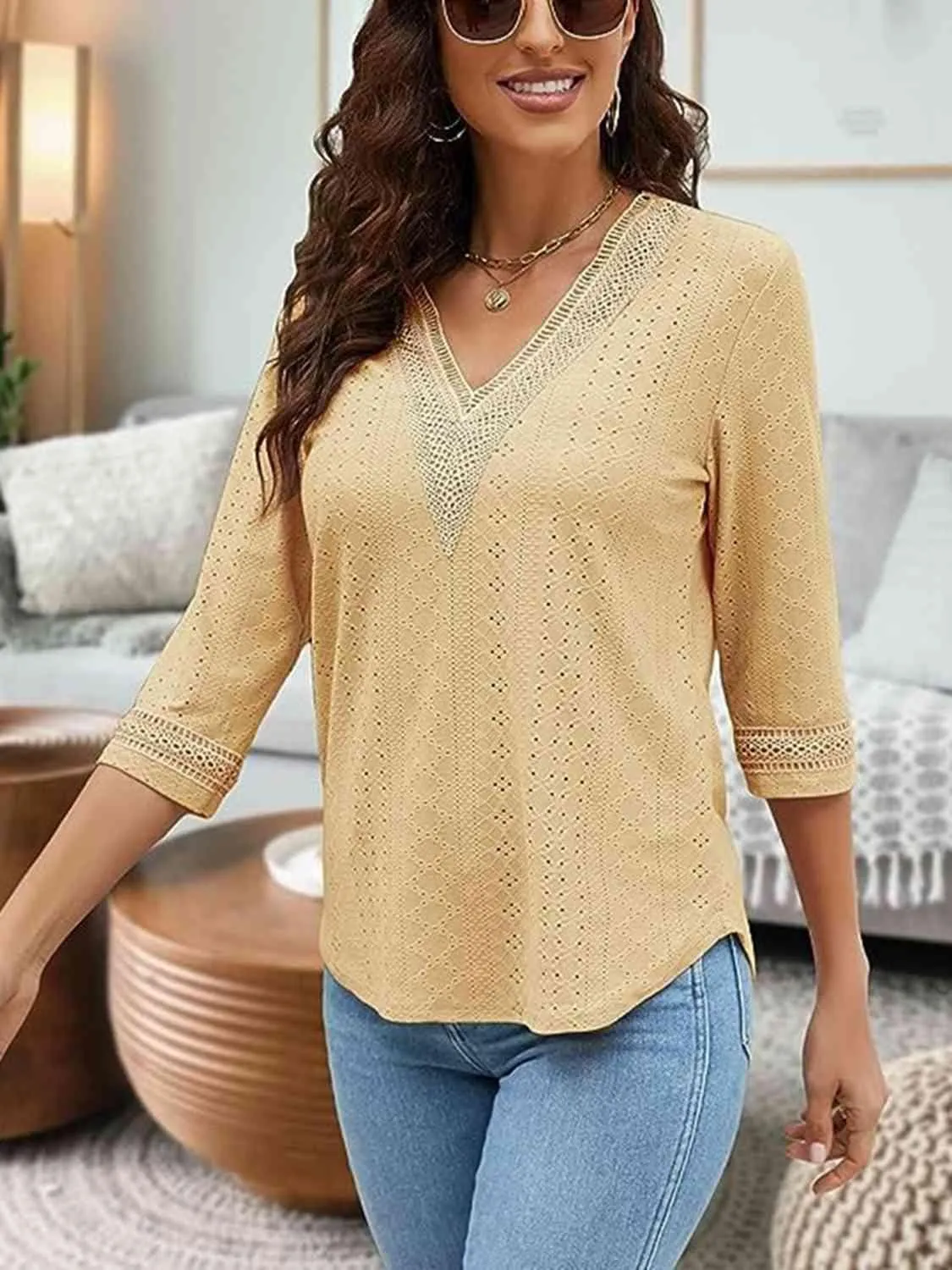Easy Chic V-Neck Three Quarter Sleeve Blouse