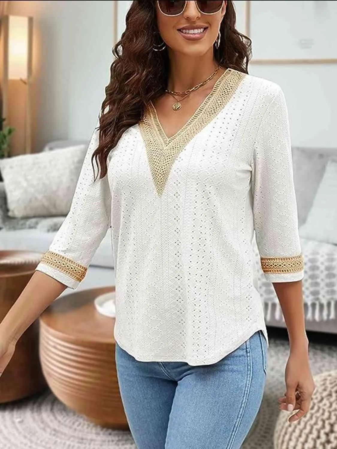 Easy Chic V-Neck Three Quarter Sleeve Blouse