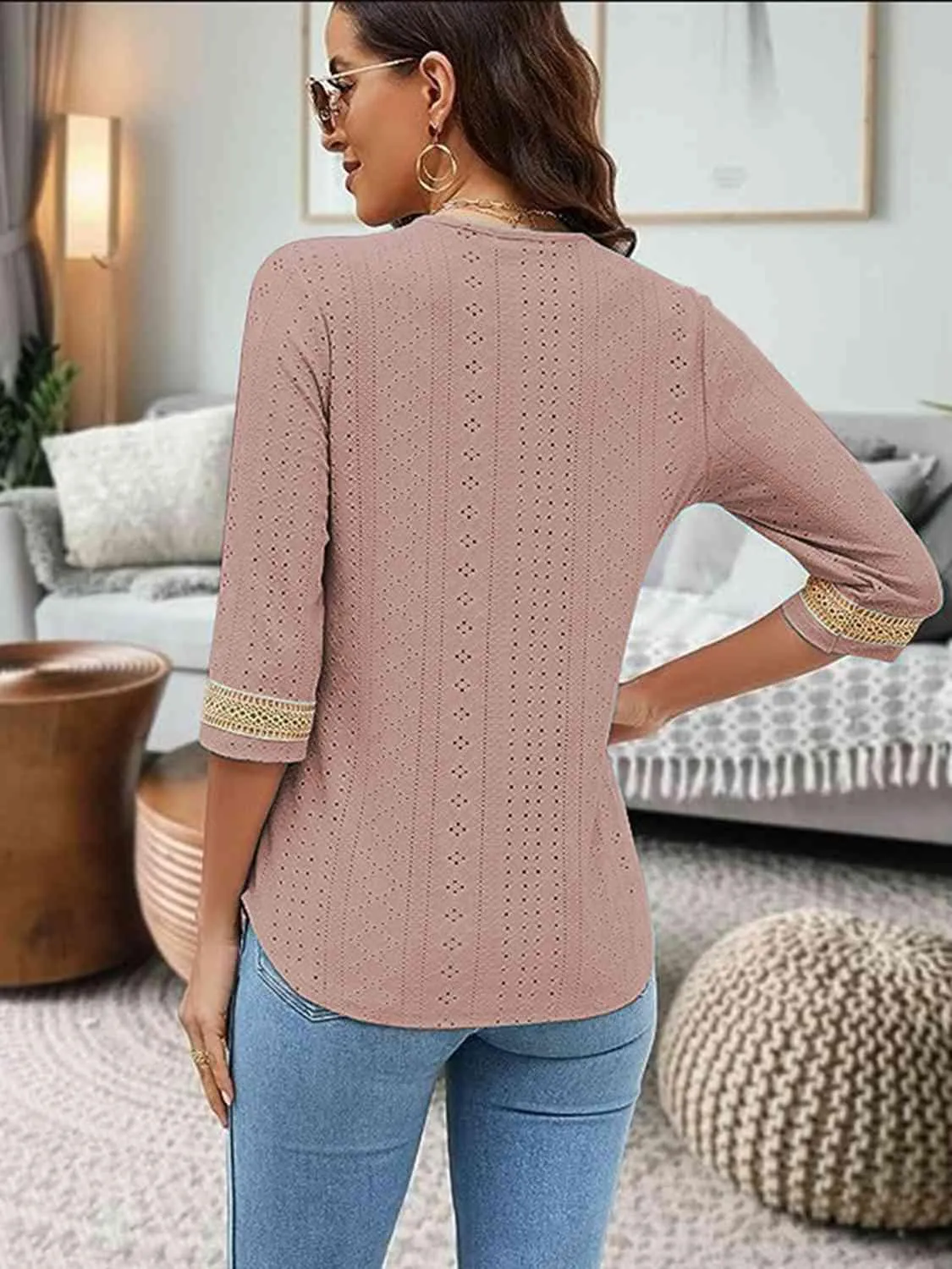 Easy Chic V-Neck Three Quarter Sleeve Blouse
