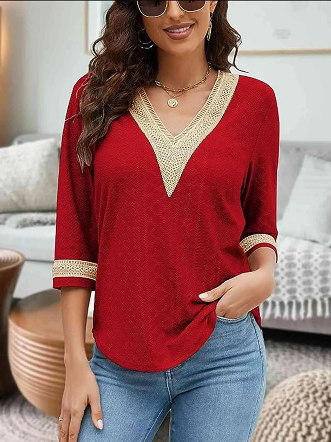 Easy Chic V-Neck Three Quarter Sleeve Blouse
