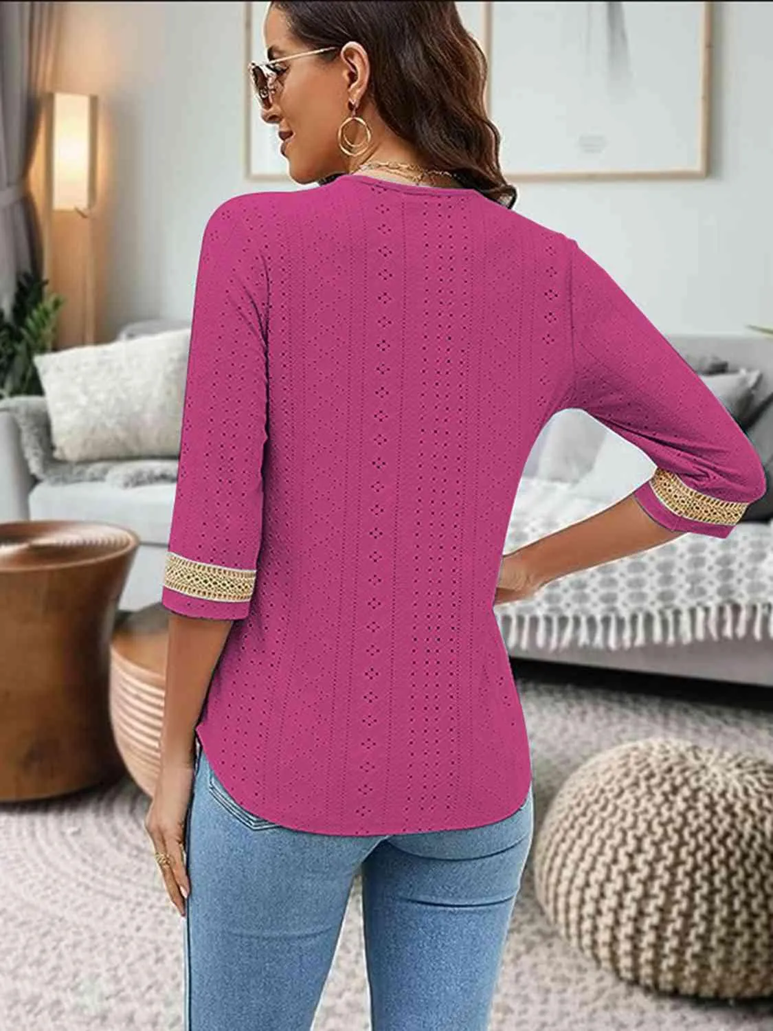 Easy Chic V-Neck Three Quarter Sleeve Blouse