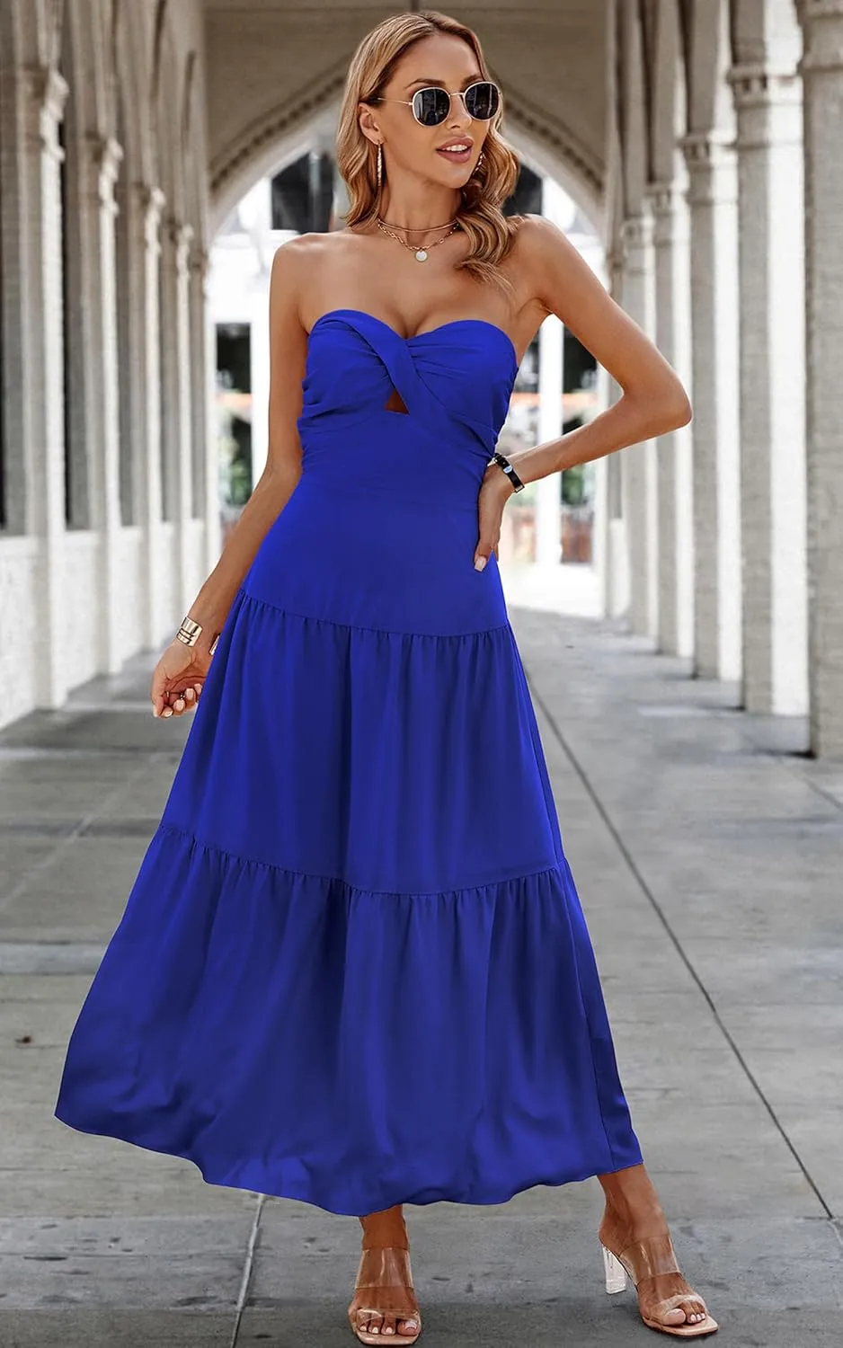 ECOWISH Women's Summer Strapless Maxi Dress 2025 Off Shoulder Hollow Out Smocked A Line Tube Tiered Long Dresses