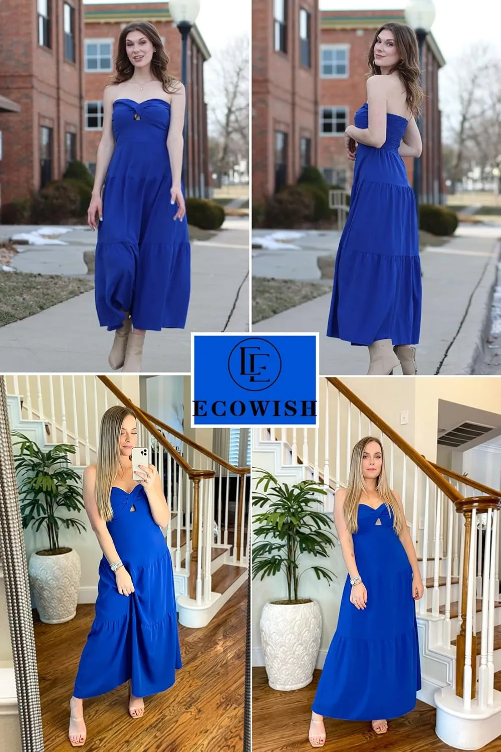ECOWISH Women's Summer Strapless Maxi Dress 2025 Off Shoulder Hollow Out Smocked A Line Tube Tiered Long Dresses