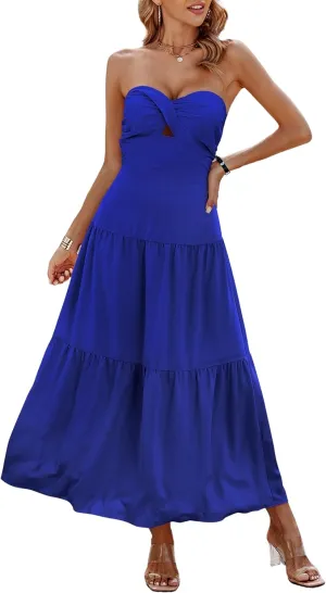 ECOWISH Women's Summer Strapless Maxi Dress 2025 Off Shoulder Hollow Out Smocked A Line Tube Tiered Long Dresses