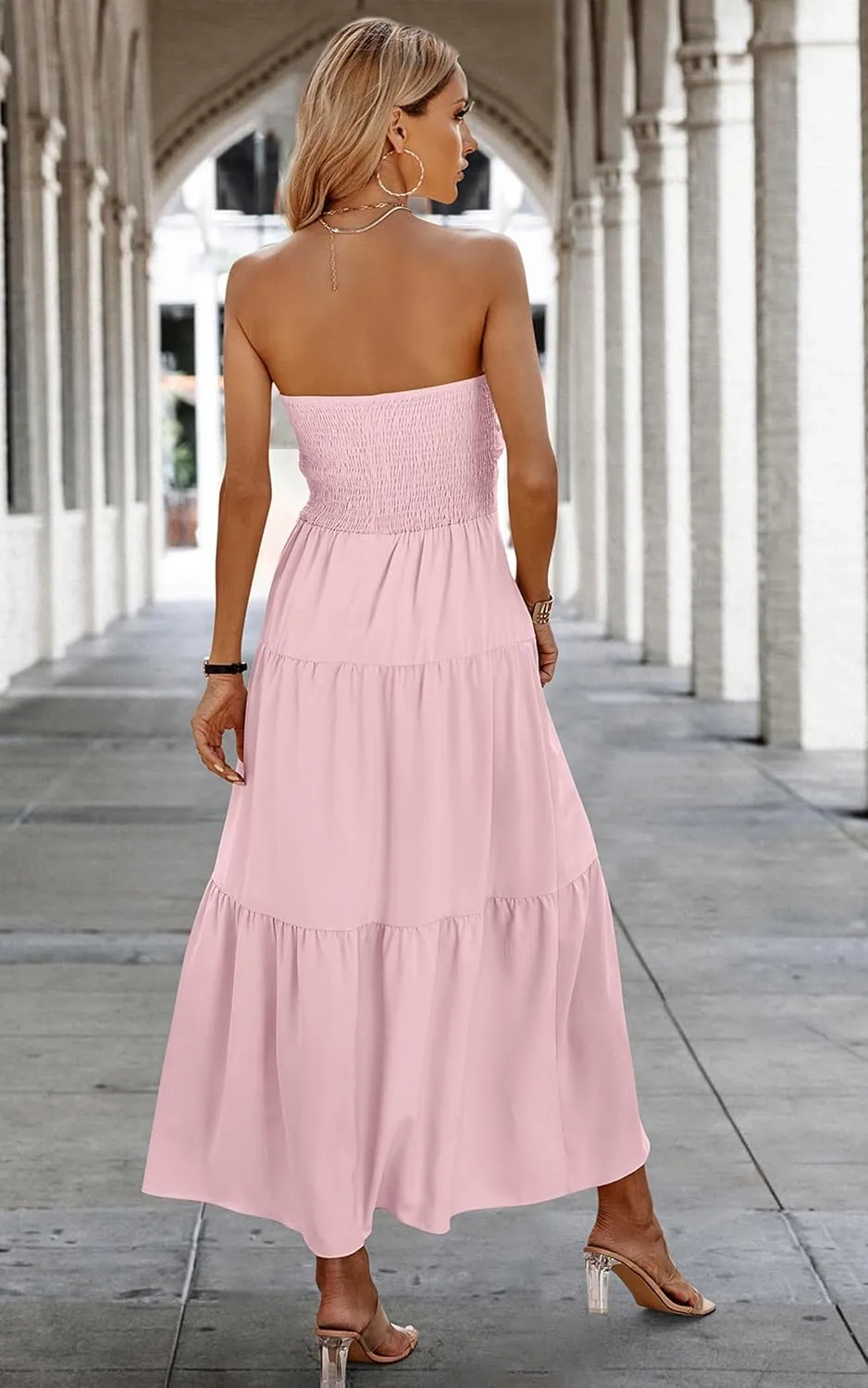 ECOWISH Women's Summer Strapless Maxi Dress 2025 Off Shoulder Hollow Out Smocked A Line Tube Tiered Long Dresses