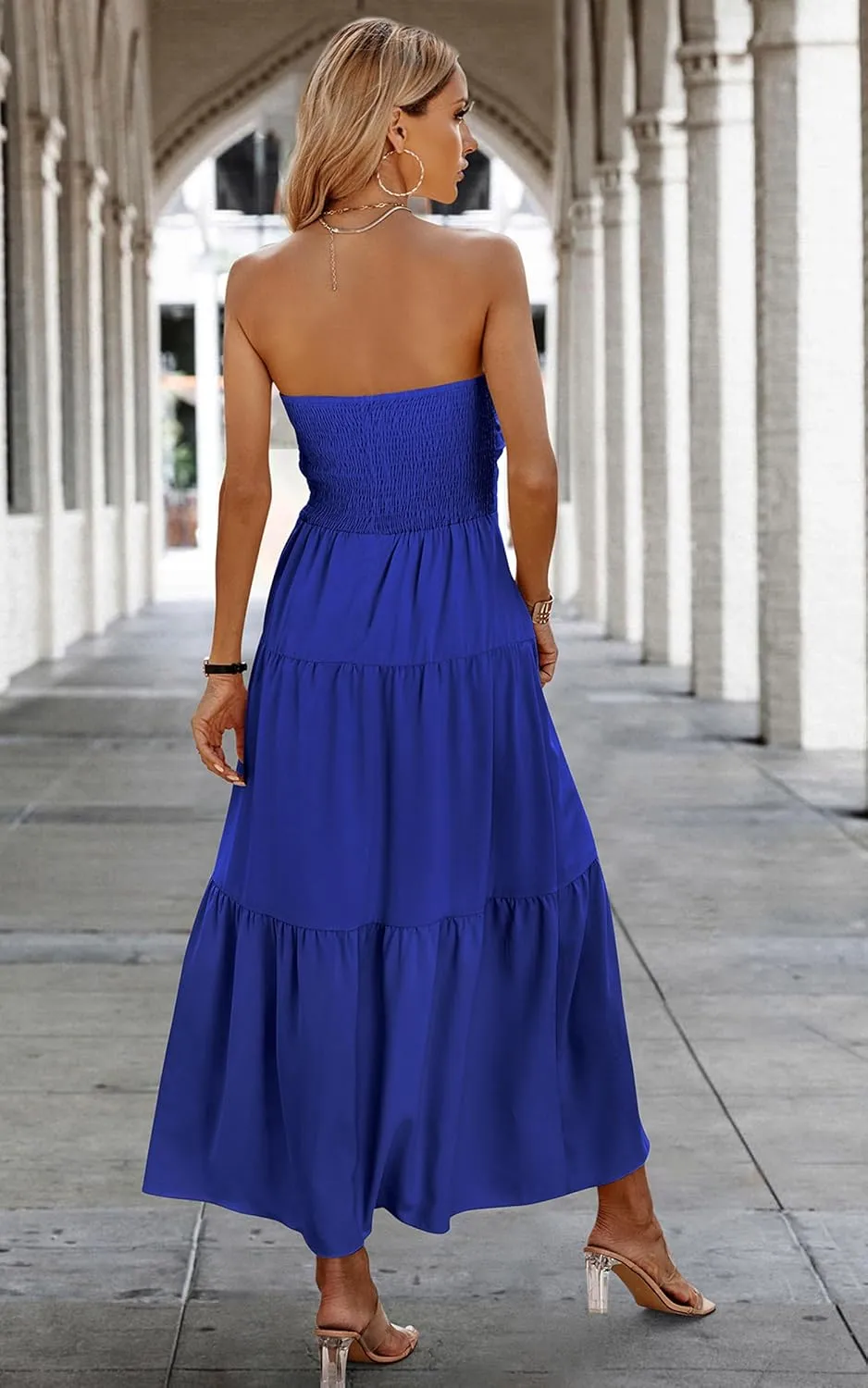 ECOWISH Women's Summer Strapless Maxi Dress 2025 Off Shoulder Hollow Out Smocked A Line Tube Tiered Long Dresses