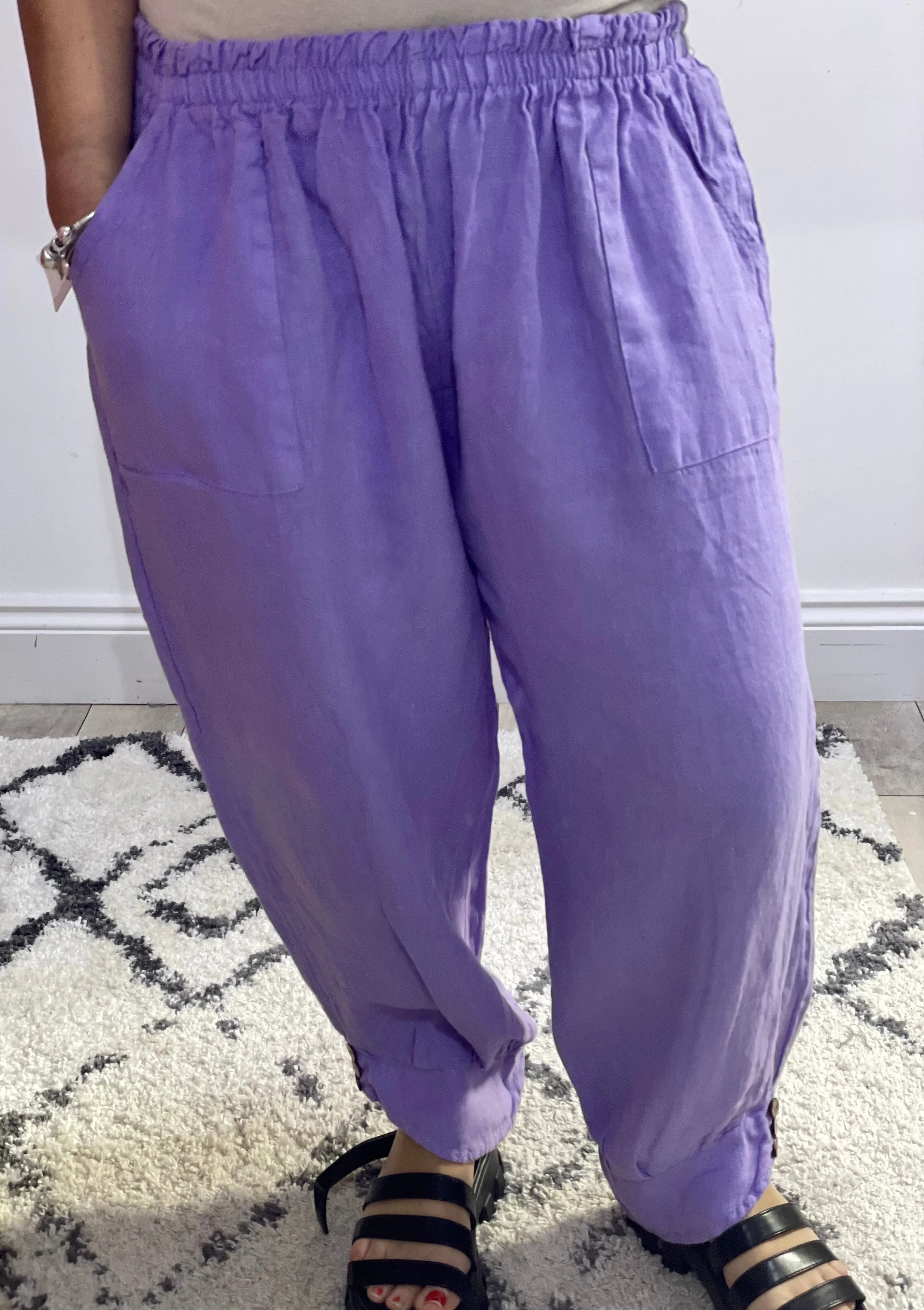 Eden Milford wooden Button 100 % Linen Cuff Bottom Trousers with pockets