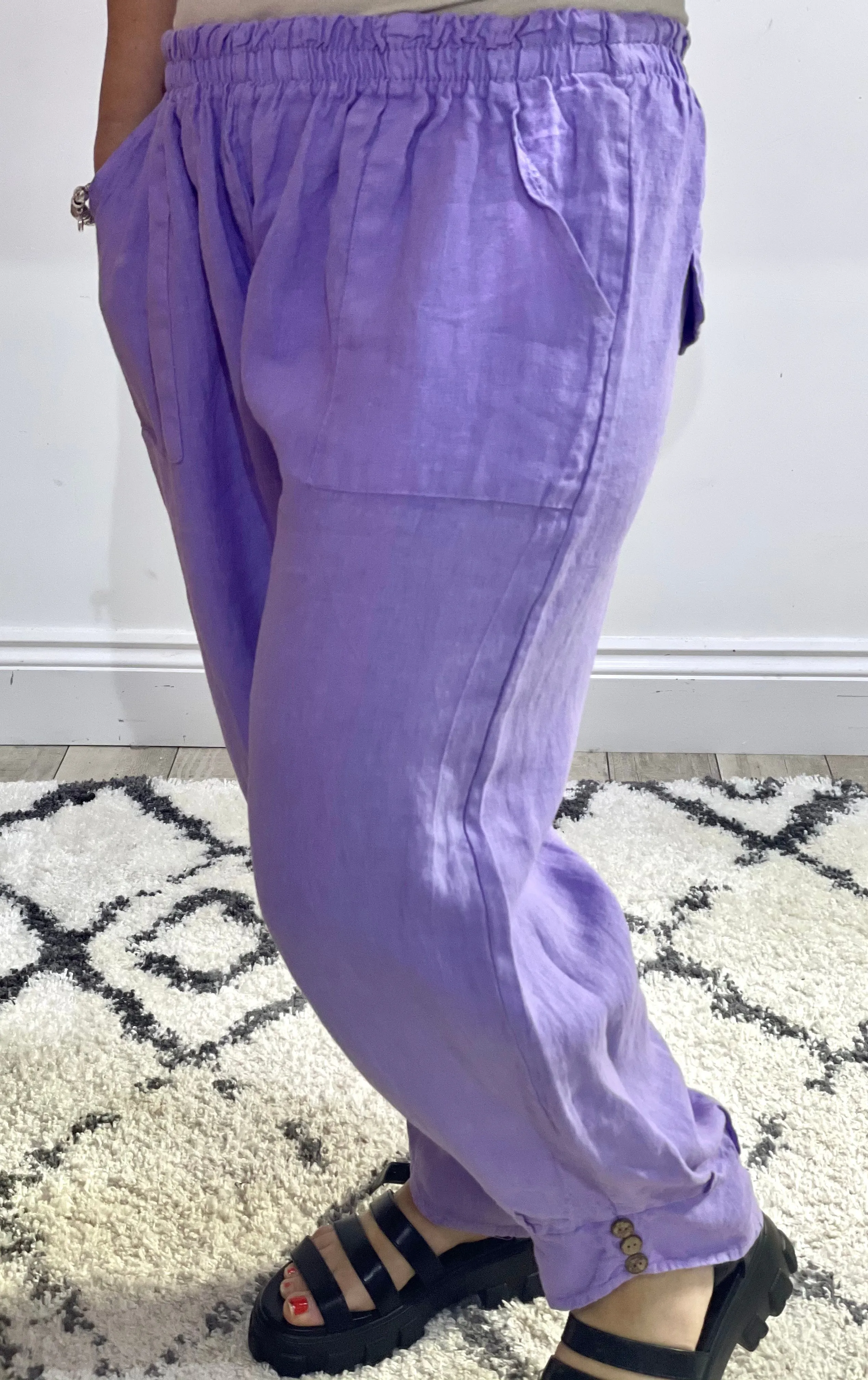 Eden Milford wooden Button 100 % Linen Cuff Bottom Trousers with pockets