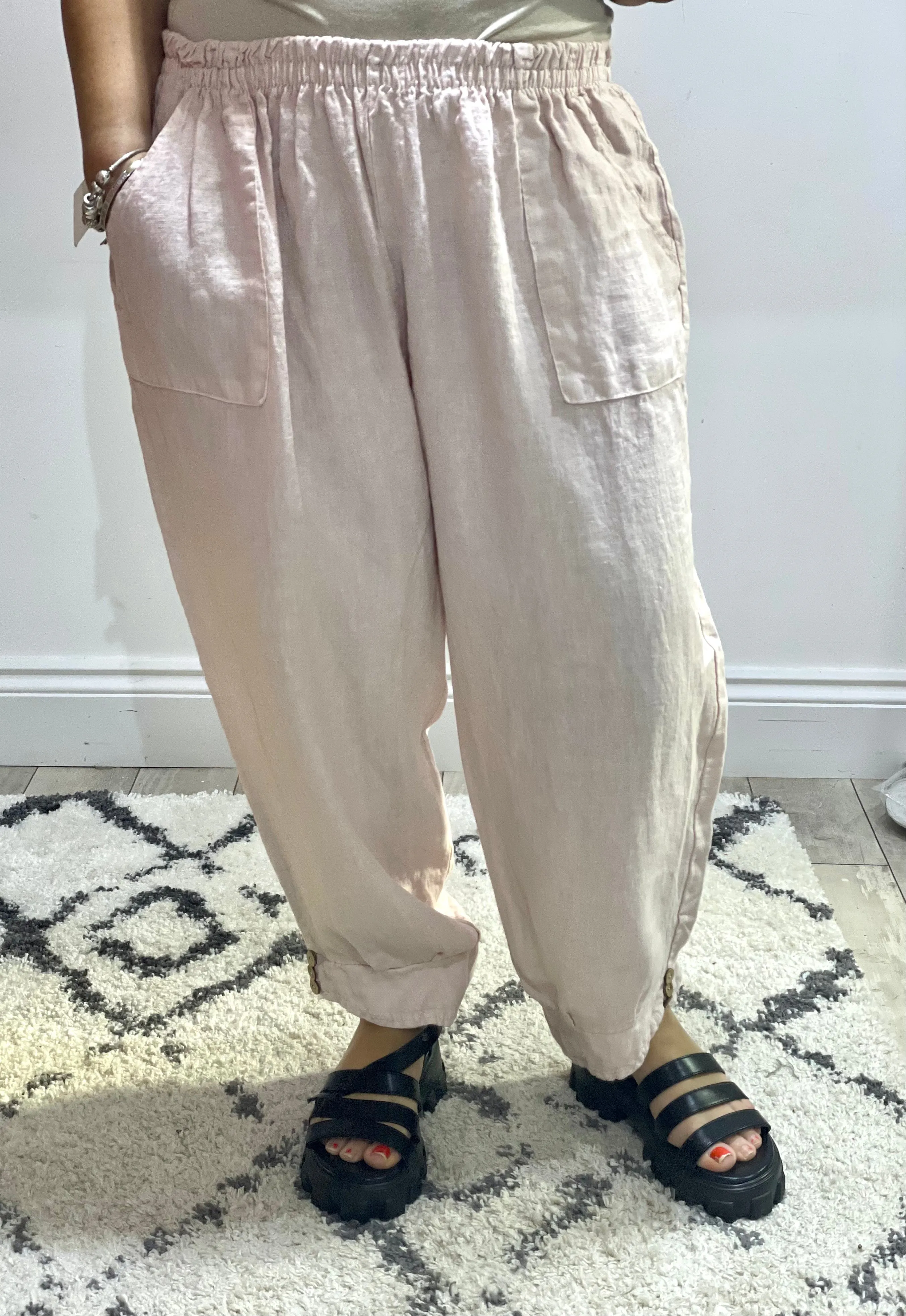 Eden Milford wooden Button 100 % Linen Cuff Bottom Trousers with pockets