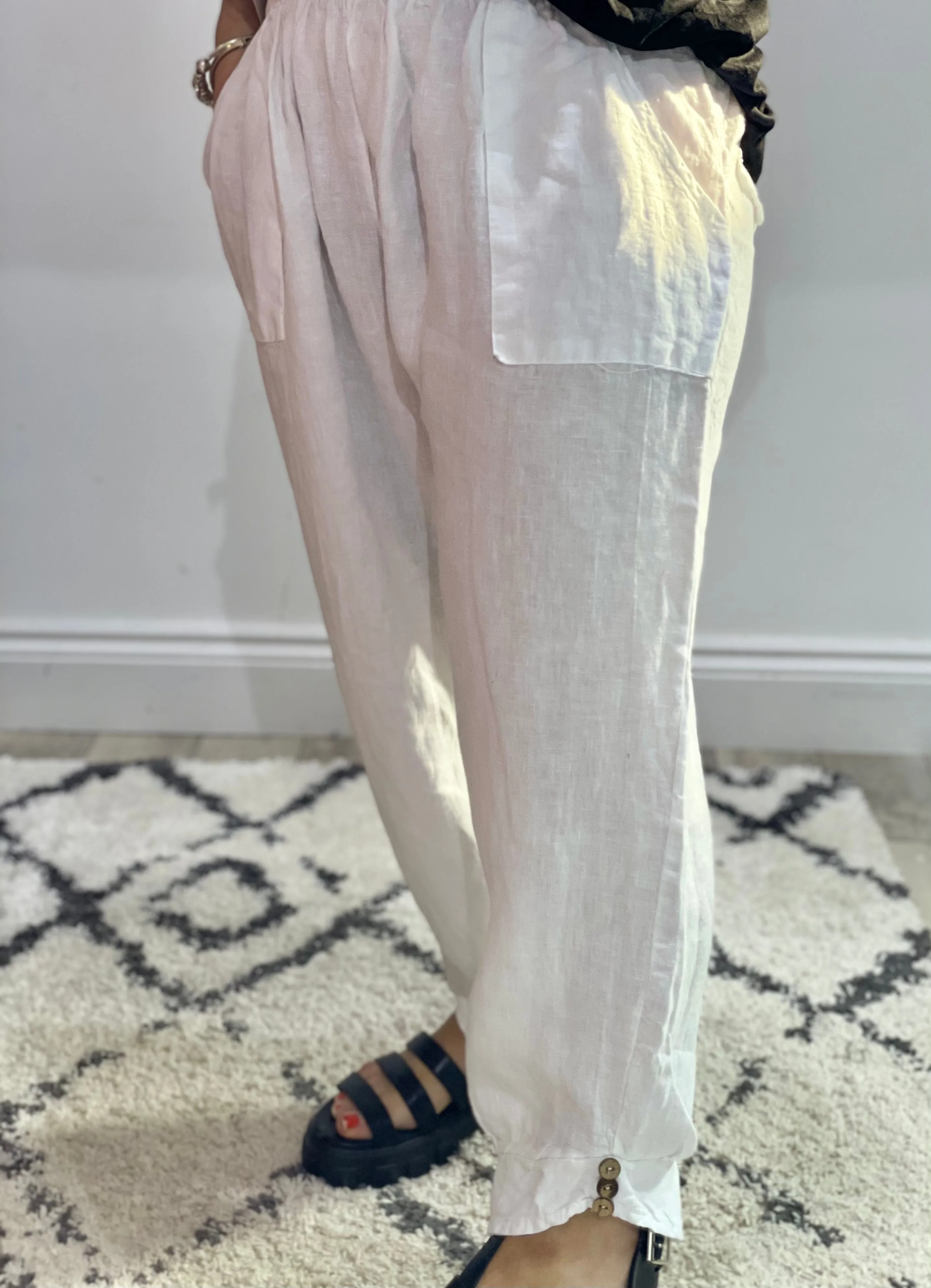 Eden Milford wooden Button 100 % Linen Cuff Bottom Trousers with pockets