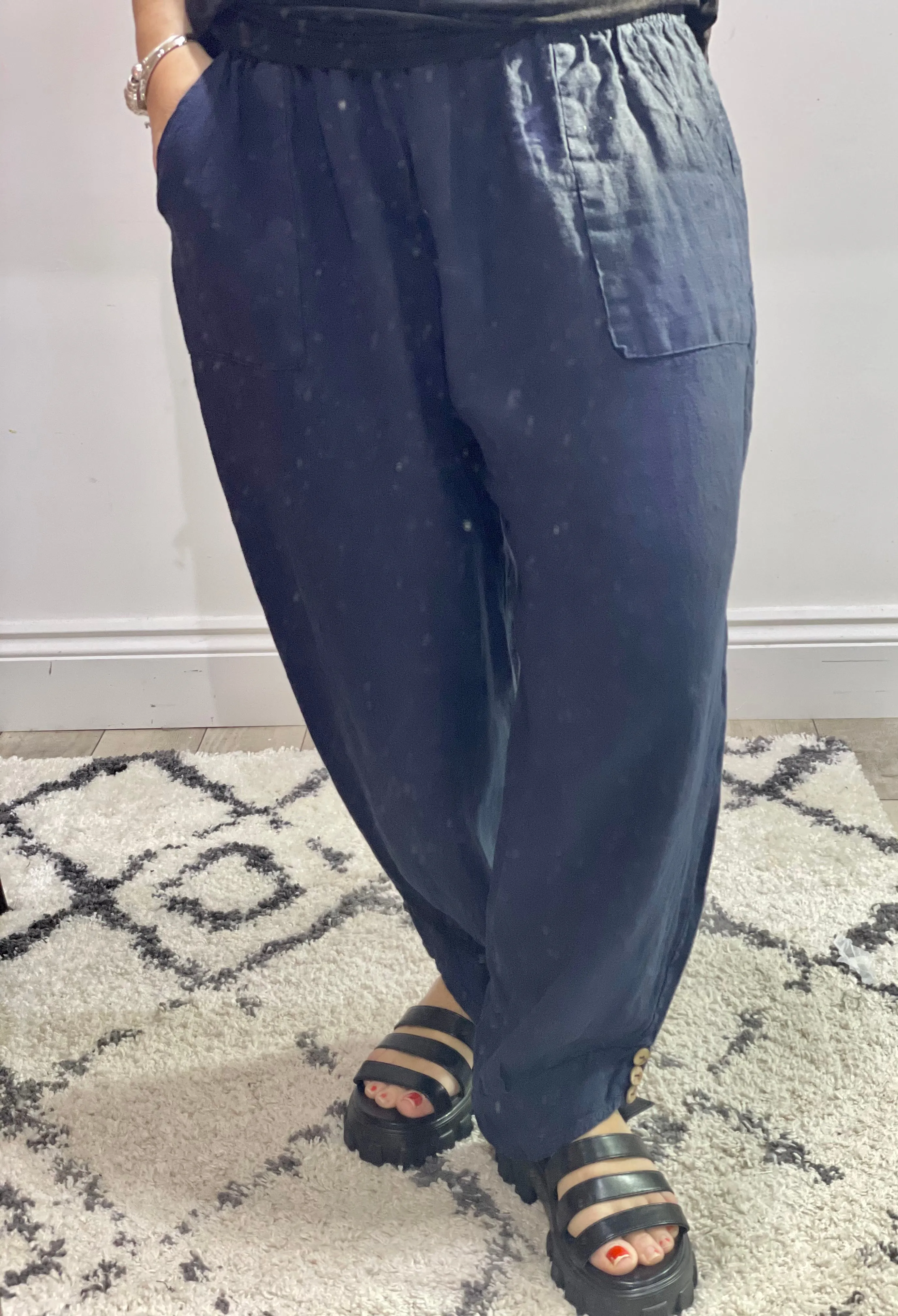 Eden Milford wooden Button 100 % Linen Cuff Bottom Trousers with pockets