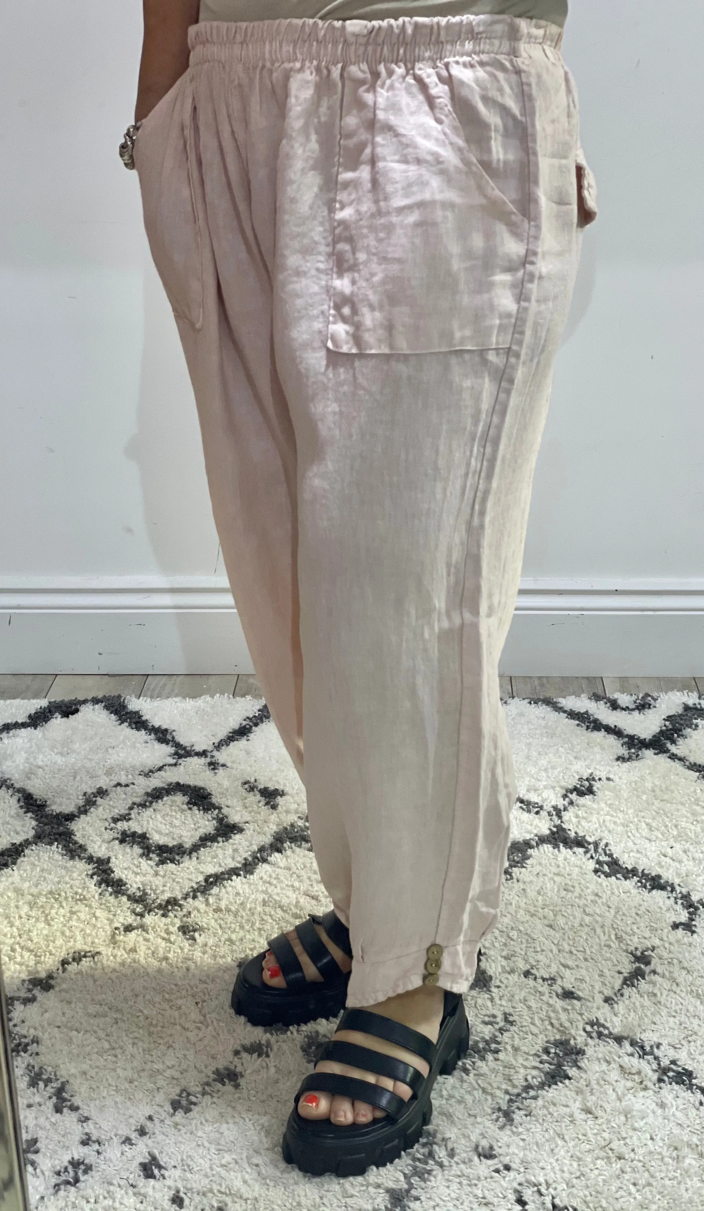 Eden Milford wooden Button 100 % Linen Cuff Bottom Trousers with pockets