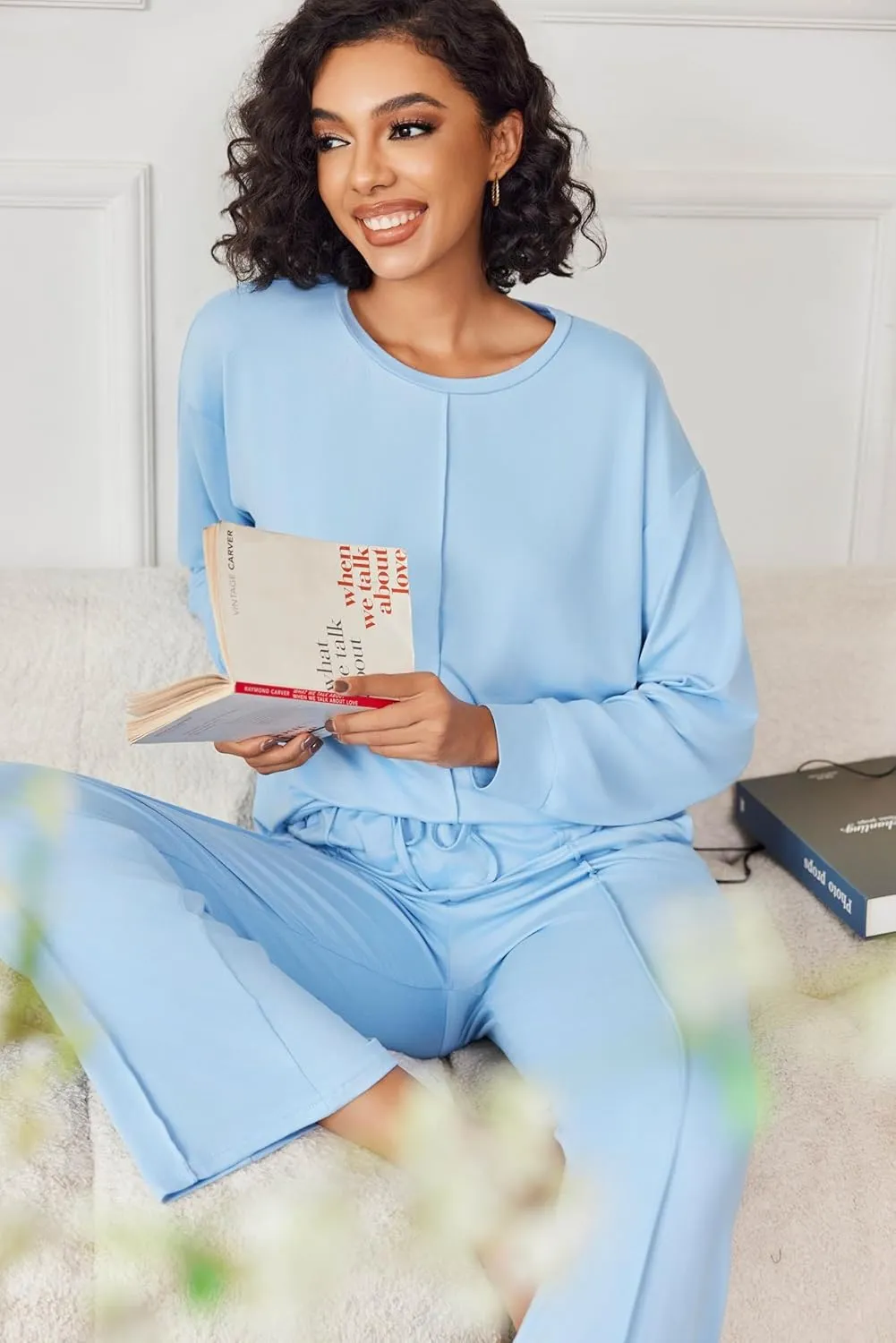 Ekouaer Pajama Sets for Women 2 Piece Lounge Sets Long Sleeve Sleepwear Top and Pants Cozy Pjs Loungewear with Pockets S-XXL