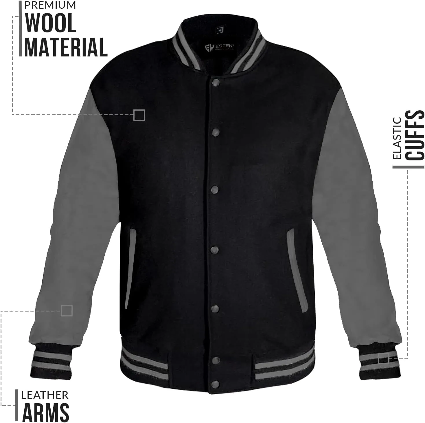 ESTEK Letterman Jackets Premium men's Varsity Jacket for School College Baseball Bomber Jacket with Genuine Leather Sleeves