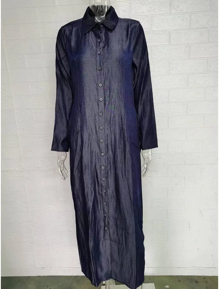 Fashion Womens Casual Long Sleeve Side Split Button Down Long Denim Dress Lapel Shirt Skirt for Cardigans - Dark Blue 2XL