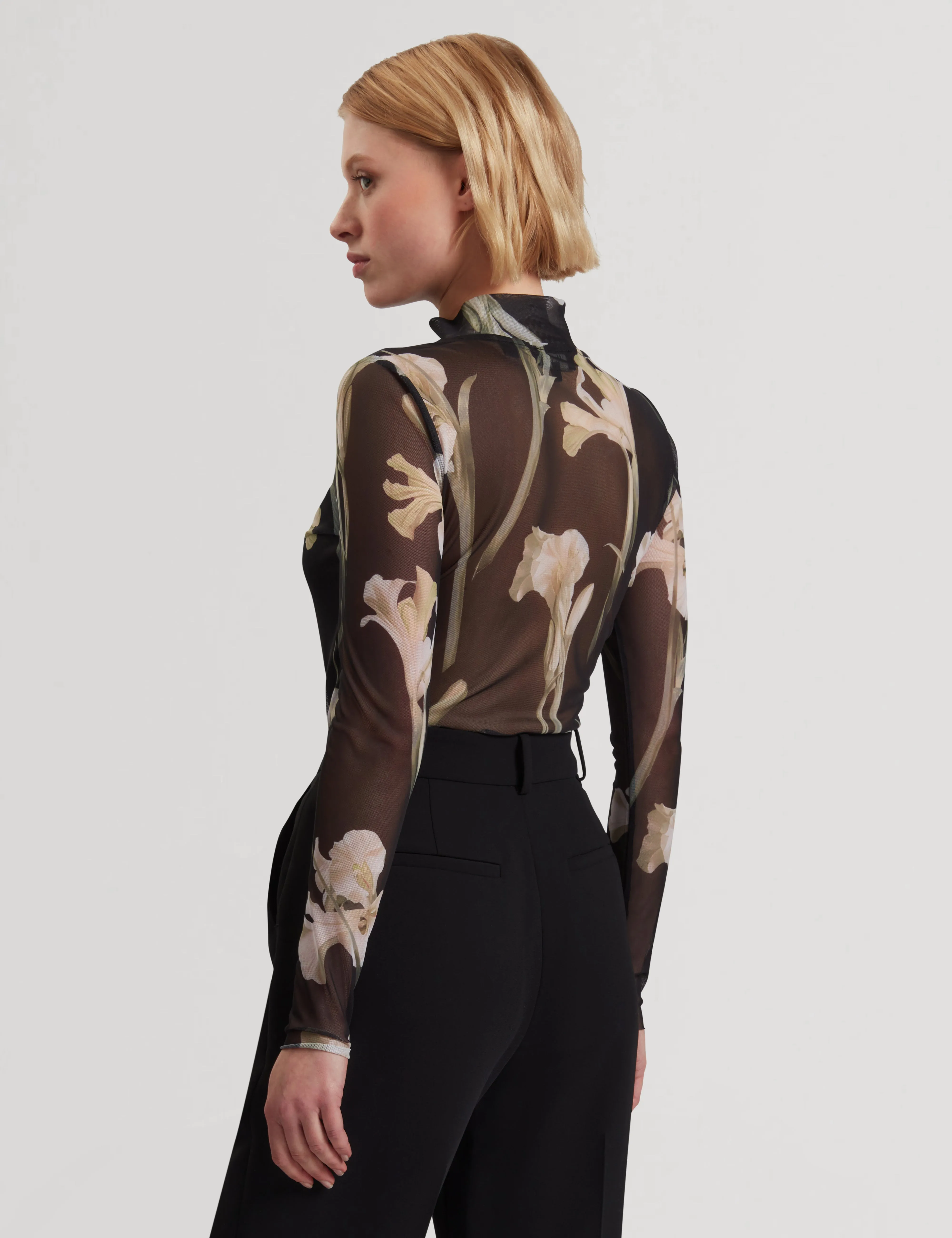 Fiaahh High Neck Mesh Printed Top Black