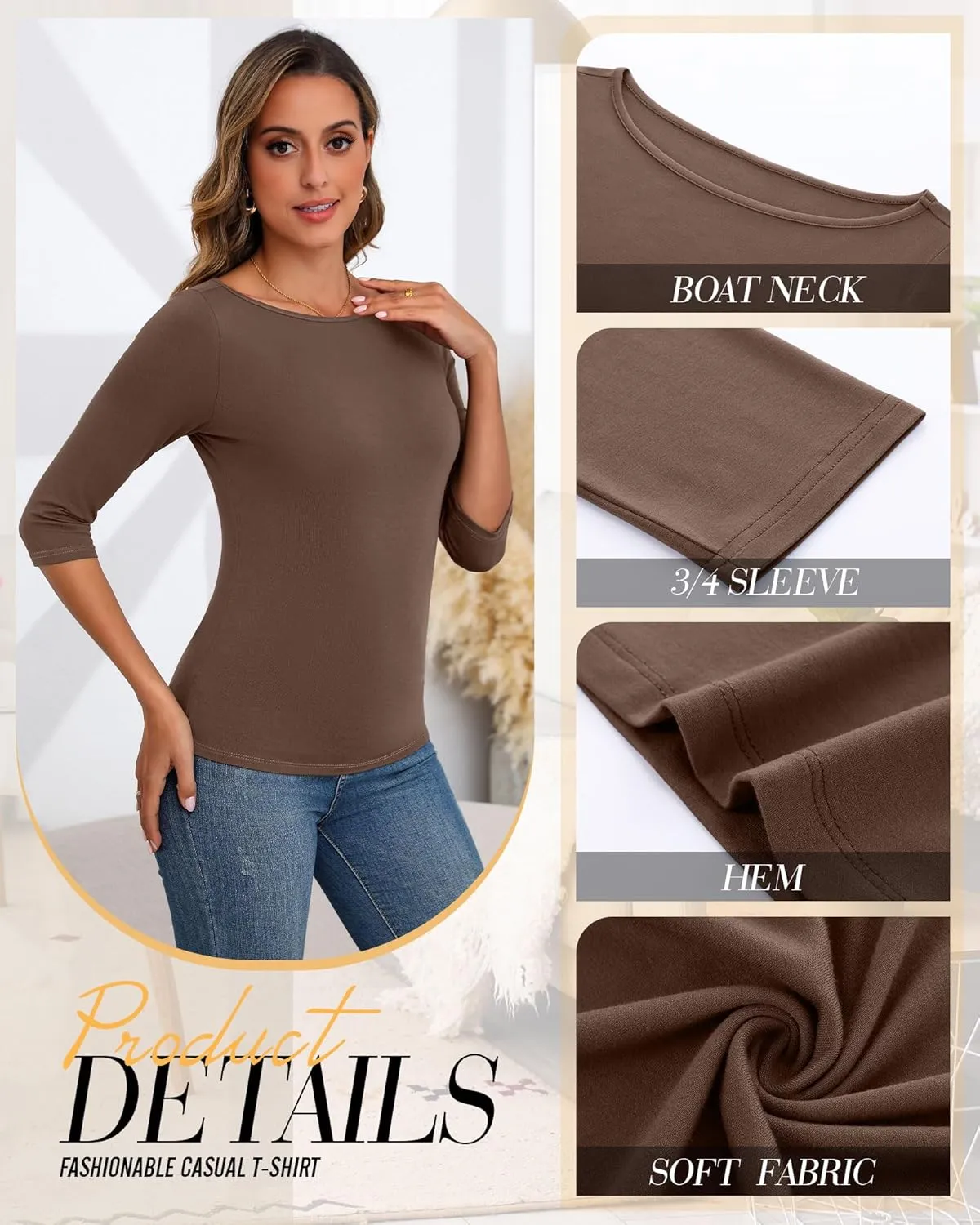 Ficerd 3 Pack Women's 3/4 Sleeve Boat Neck Cotton T Shirts Slim Fit Tight Basics Top Casual Comfy Tees