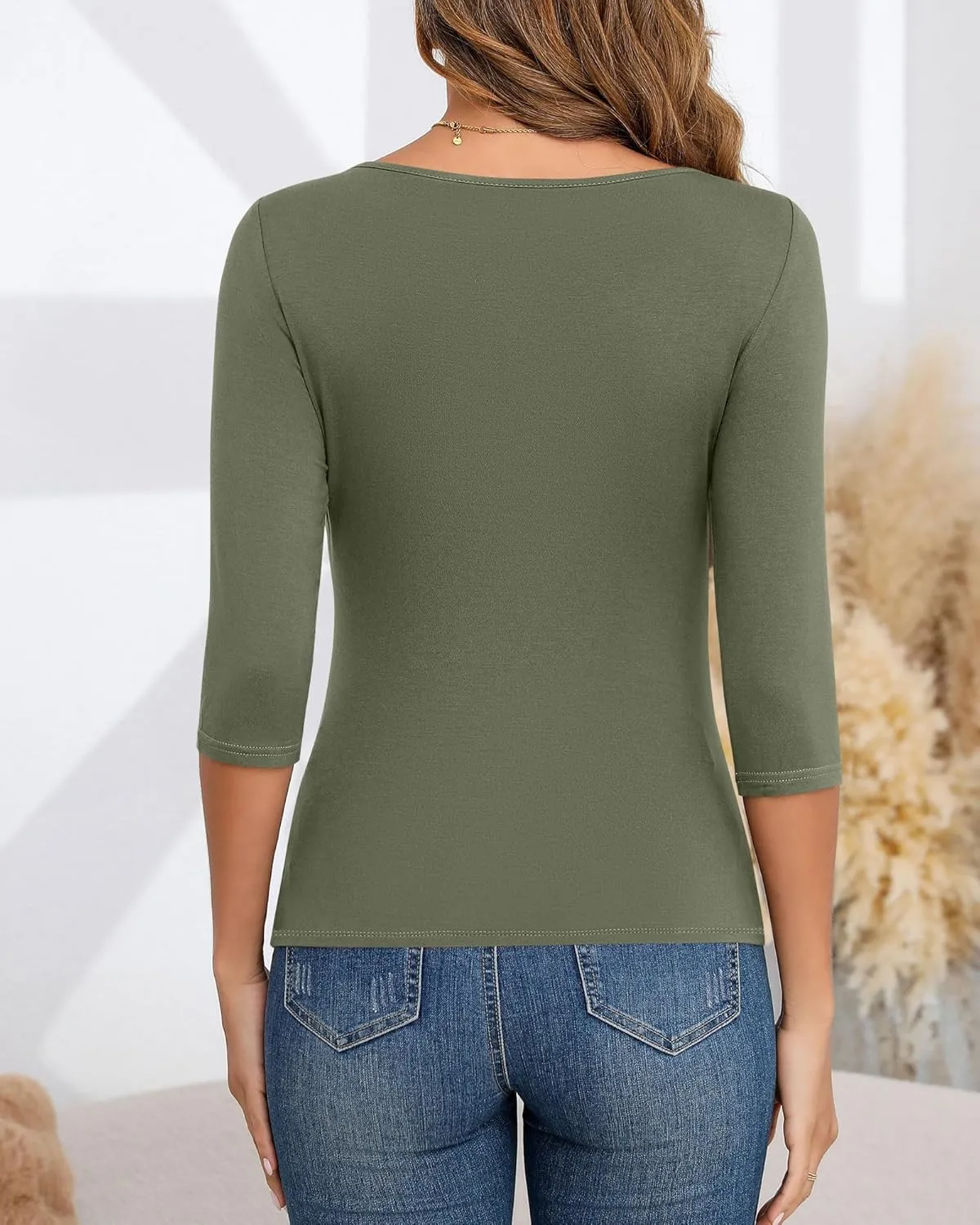 Ficerd 3 Pack Women's 3/4 Sleeve Boat Neck Cotton T Shirts Slim Fit Tight Basics Top Casual Comfy Tees