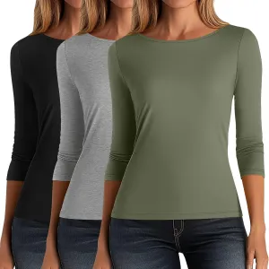 Ficerd 3 Pack Women's 3/4 Sleeve Boat Neck Cotton T Shirts Slim Fit Tight Basics Top Casual Comfy Tees