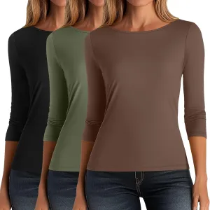 Ficerd 3 Pack Women's 3/4 Sleeve Boat Neck Cotton T Shirts Slim Fit Tight Basics Top Casual Comfy Tees