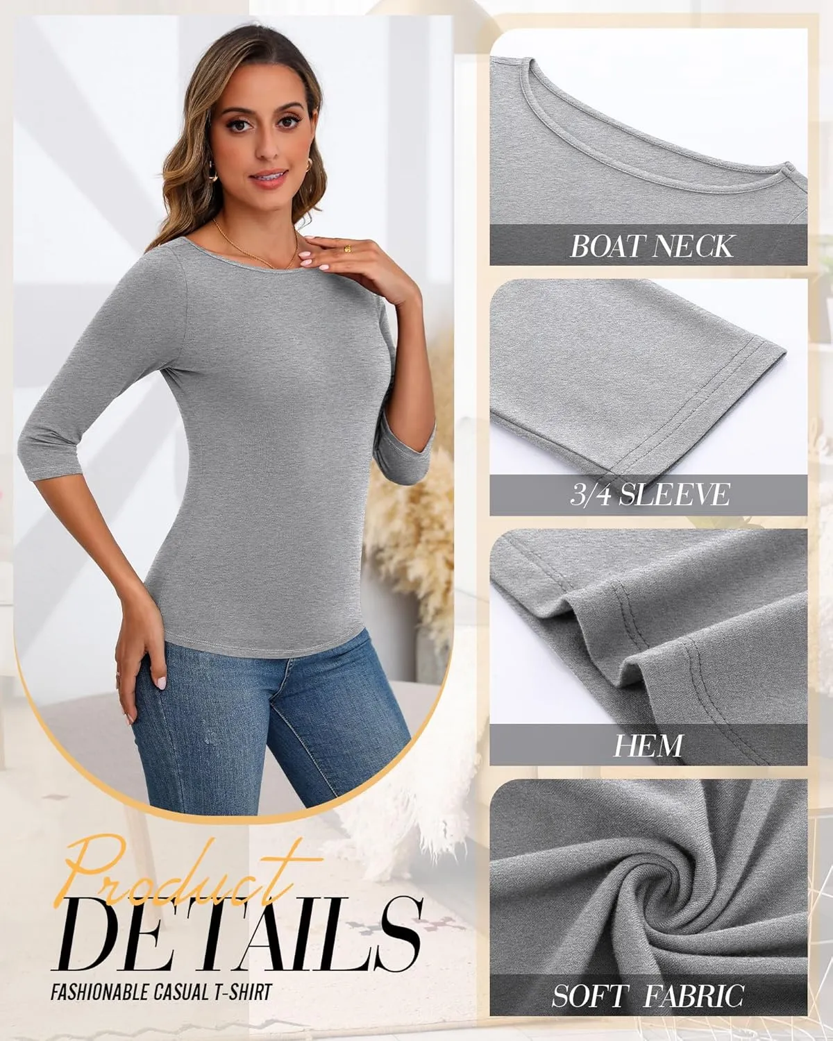 Ficerd 3 Pack Women's 3/4 Sleeve Boat Neck Cotton T Shirts Slim Fit Tight Basics Top Casual Comfy Tees