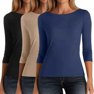 Ficerd 3 Pack Women's 3/4 Sleeve Boat Neck Cotton T Shirts Slim Fit Tight Basics Top Casual Comfy Tees